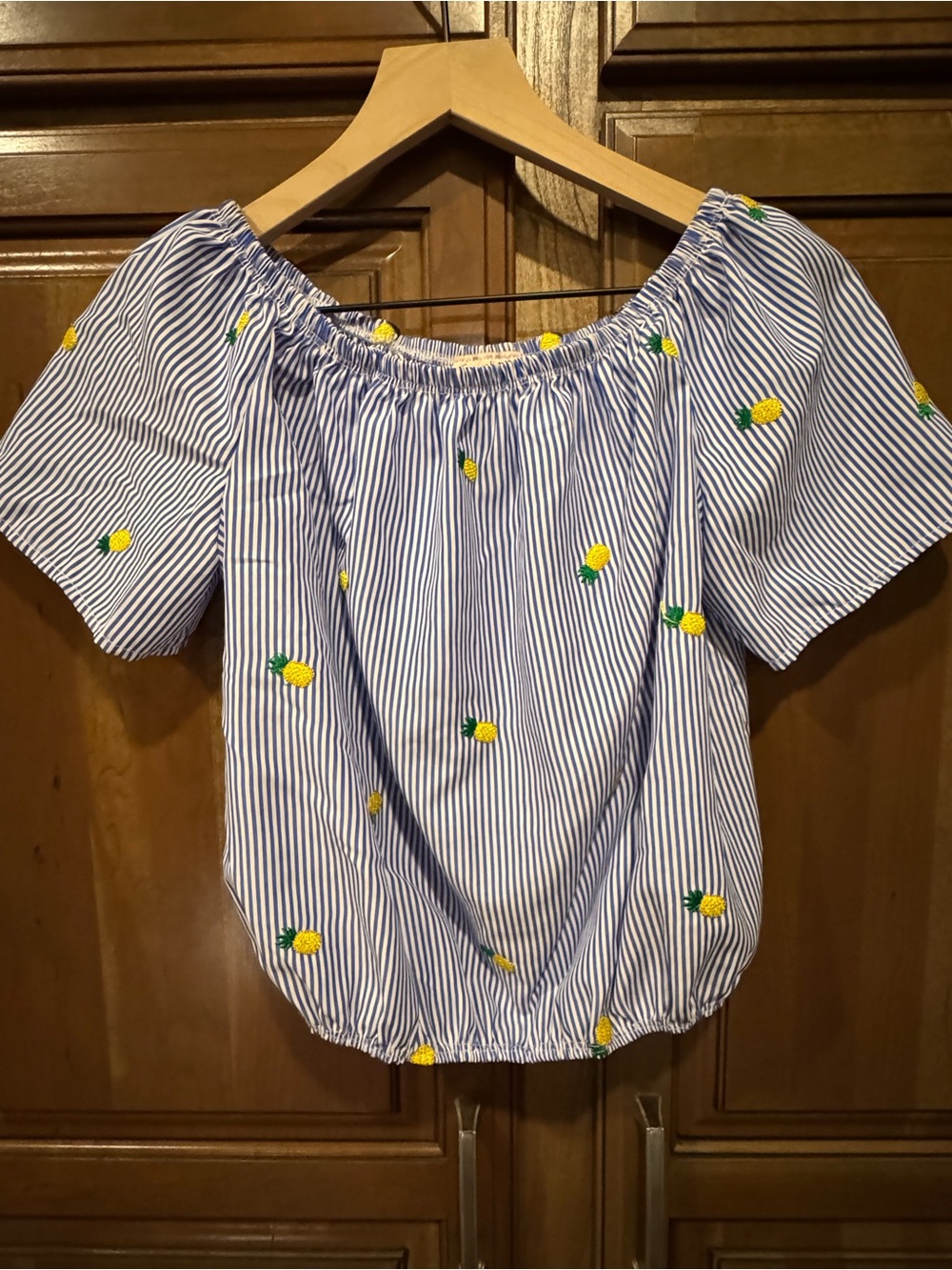Girls Blue Striped Off-Shoulder Top with Pineapple Embroidery